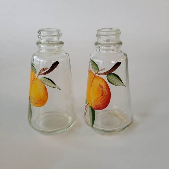 Vintage Anchor Hocking Clear Glass Salt & Pepper Shakers Peaches Hand Painted - Picture 2 of 8